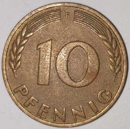1970 F - 10 PFENNIG - TEN PFENNIG - GERMANY - FEDERAL REPUBLIC - (Brass Clad Steel) KM# 108